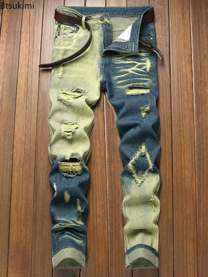 Nouveau jean rétro homme déchiré jambe droite pantalon
