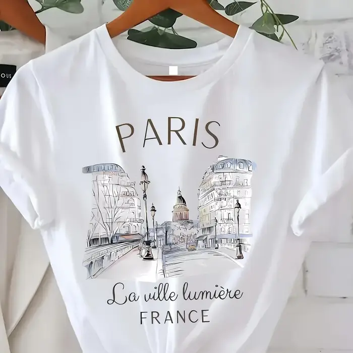 T-shirt imprimé Paris années 90 pour femme, haut décontracté à manches courtes et col rond pour l'ét