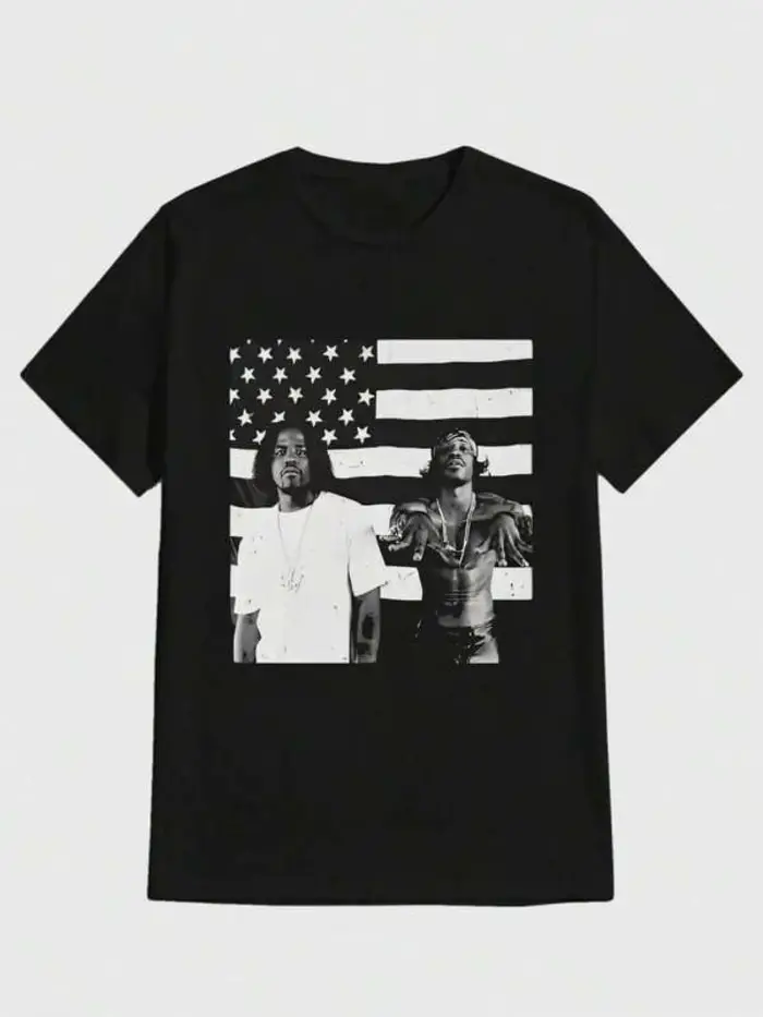 T-shirt décontracté avec un design rétro Outkast et un imprimé drapeau américain, en tissu pur et ré
