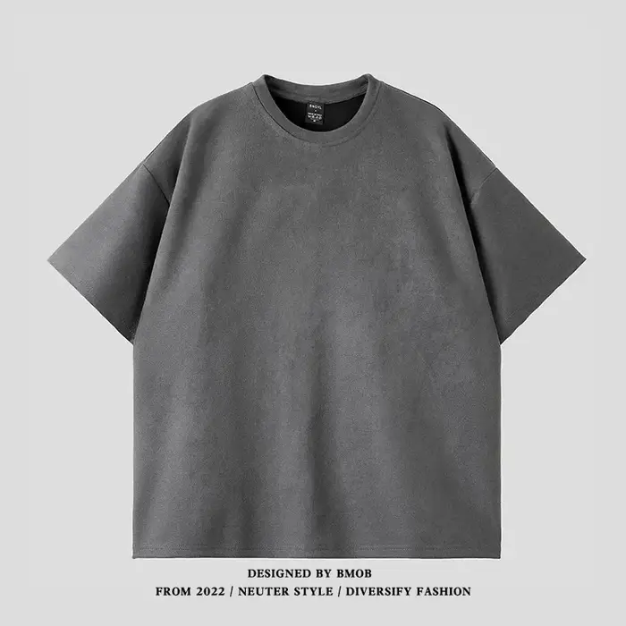 T-shirt à manches courtes en daim pour hommes, marque américaine tendance, ample, couleur unie, col 
