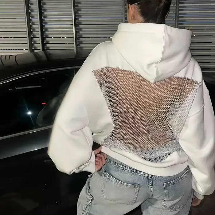 Sweat à capuche en maille pour femmes, dos nu, vêtements d'extérieur surdimensionnés, hauts Sexy, Lo