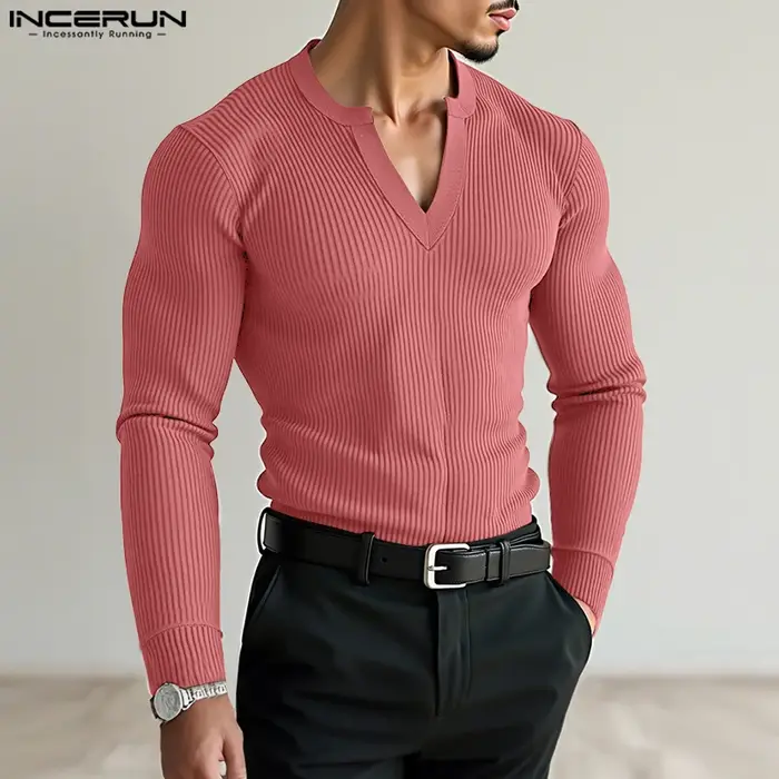 INCERUN hommes t-shirt couleur unie col en V à manches longues tricoté Streetwear mâle