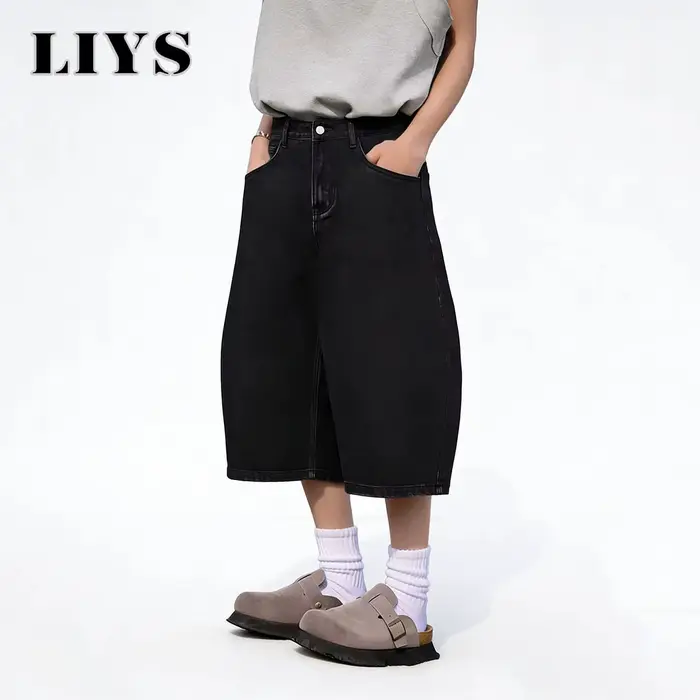 LIYS Short en jean ultra ample style américain rétro noir pour homme et femme, coupe large, pour le 