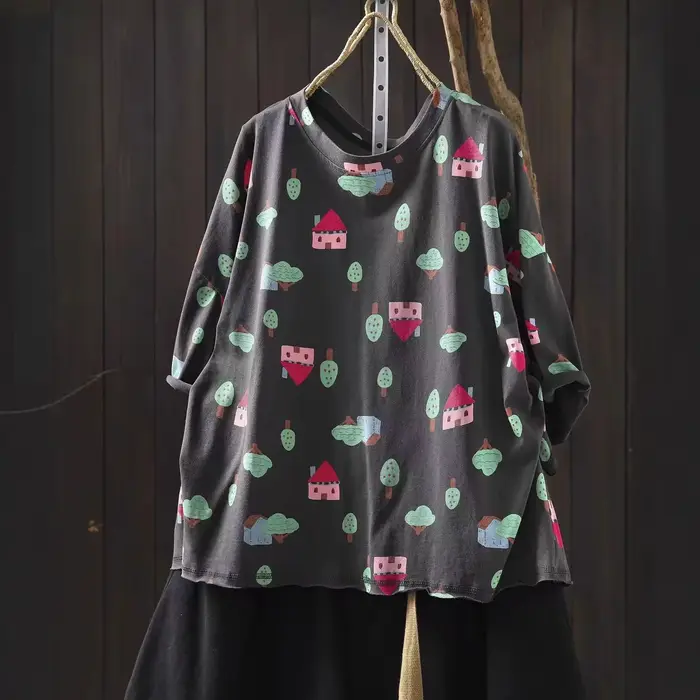 T-shirt en coton imprimé maison dans les arbres style Mori Kei vintage pour femme