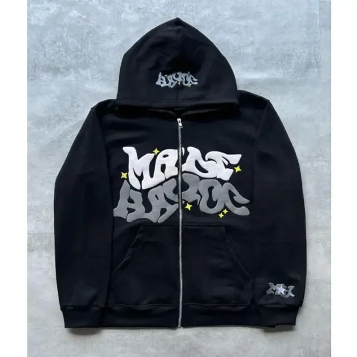 Sweat-shirt à capuche avec fermeture éclair et lettres américaines rétro