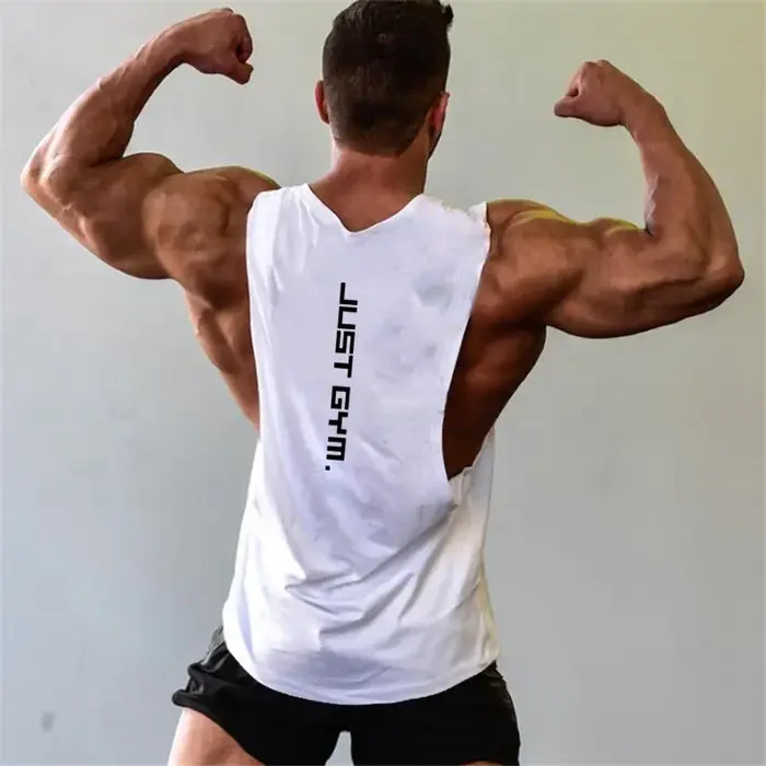 Marque juste vêtements de sport Fitness hommes côtés coupés T-shirts trous de bras tombés débardeurs de musculation entraînement gilet sans manches