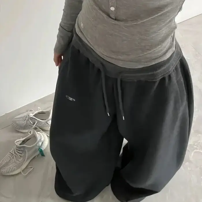 Américain rétro Hip-Hop surdimensionné femme noir pantalon de survêtement décontracté coréen Streetwear