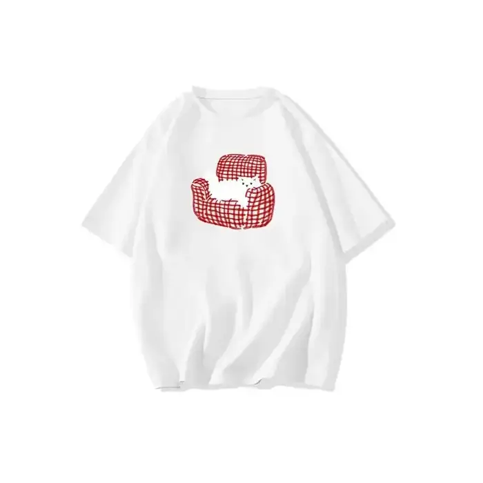 Chat sur le canapé imprimé femmes T-shirt col rond hauts américain Y2k vêtements de rue femmes haut 