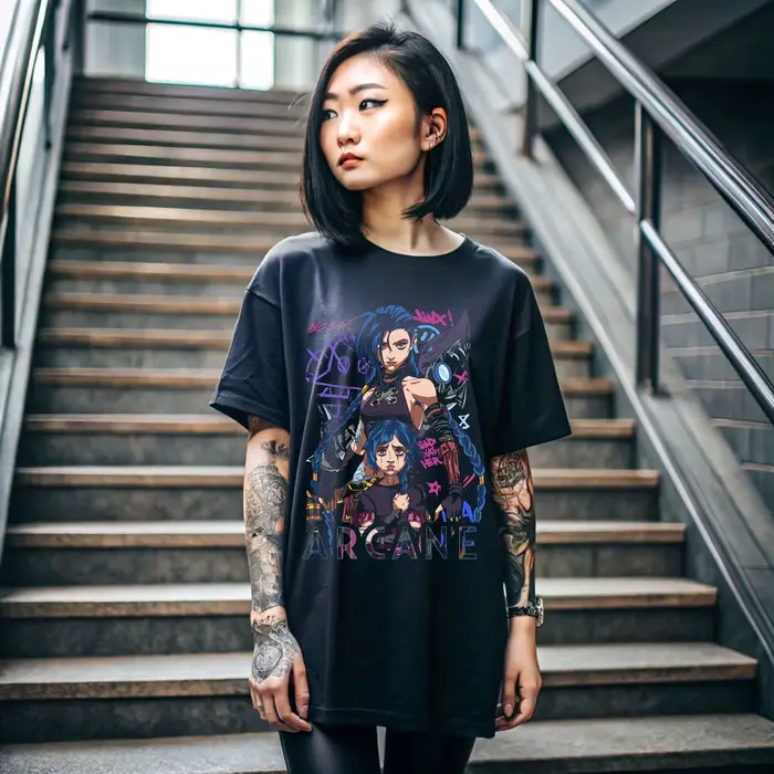 Jinx Arcane T-Shirt dessin animé japonais Jinx T-Shirt noir 044