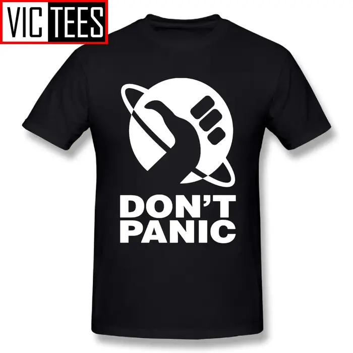 T-shirt imprimé Don't Panic pour homme, col ras du cou, logo The Hitchhikers Guide to The Galaxy, co