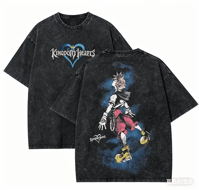 T-shirt délavé Kingdom Hearts, Nouveau modèle 2026, Vêtement de style affirmé, Tendance toute l'anné