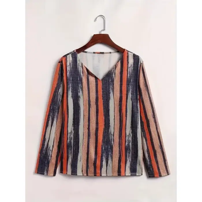 Femmes grande taille 1XL-8XL décontracté confortable à manches longues haut mode col en v rayé respirant T-shirt
