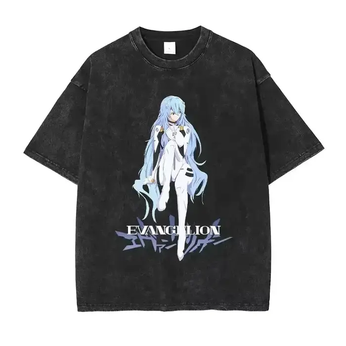 T-shirt Anime Eva pour homme, style vintage délavé, coupe ample, été, t-shirts imprimés à manches co