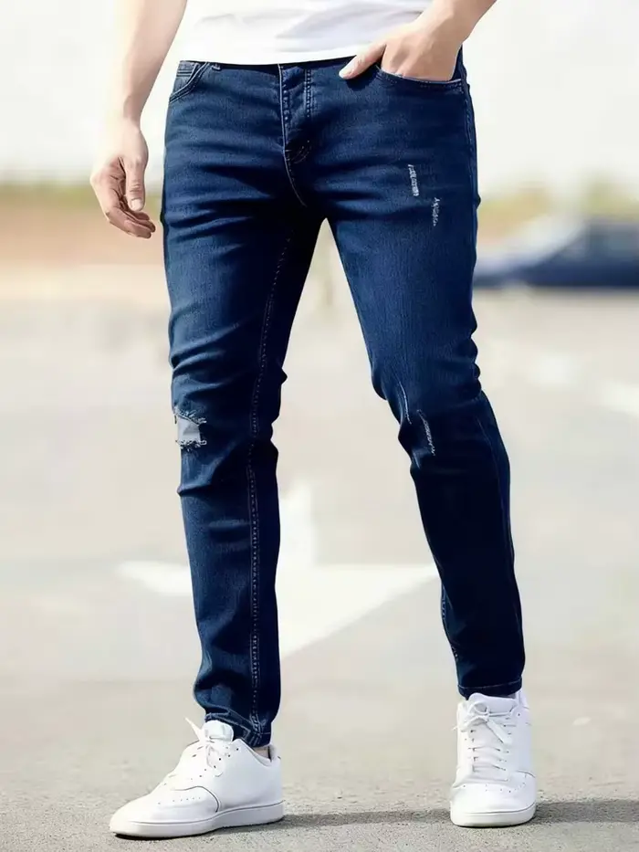 Jean skinny déchiré pour homme, collection Printemps 2026, délavage vintage, élastique, style motard