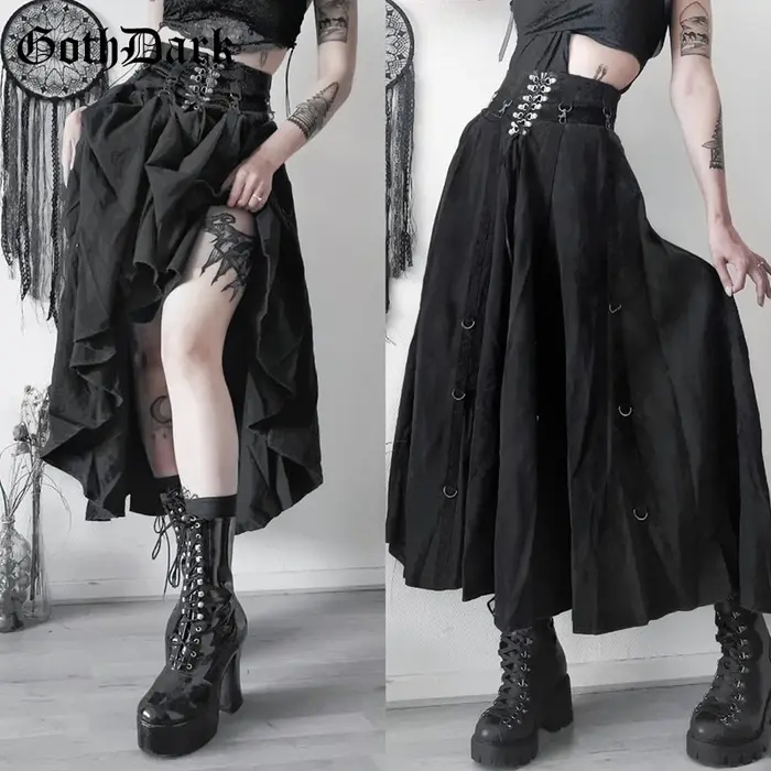 Goth Dark Acubi mode noir Swing a-ligne jupe Punk Grunge métal boucle Streetwear femmes bandes jupes centre commercial gothique Alt tissu