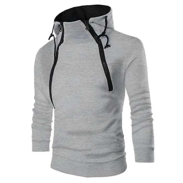 Sweat à capuche à manches longues pour homme, pull à col haut avec fermeture éclair, manteau noir