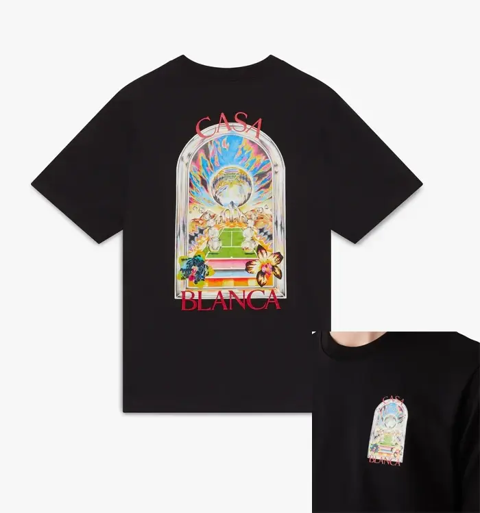 T-shirt graphique Blanca Tennis Court Arch en coton noir à manches courtes et col rond pour hommes et femmes