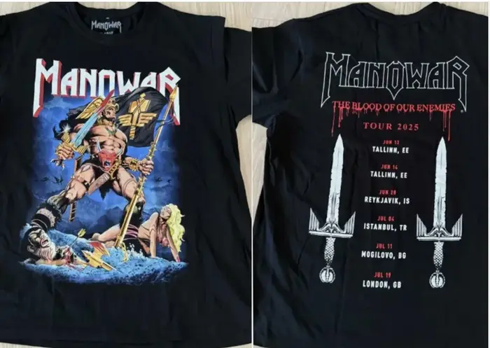 Nouvelle chemise Manowar Tour 2025 à manches courtes, couleur noire, 2 côtés