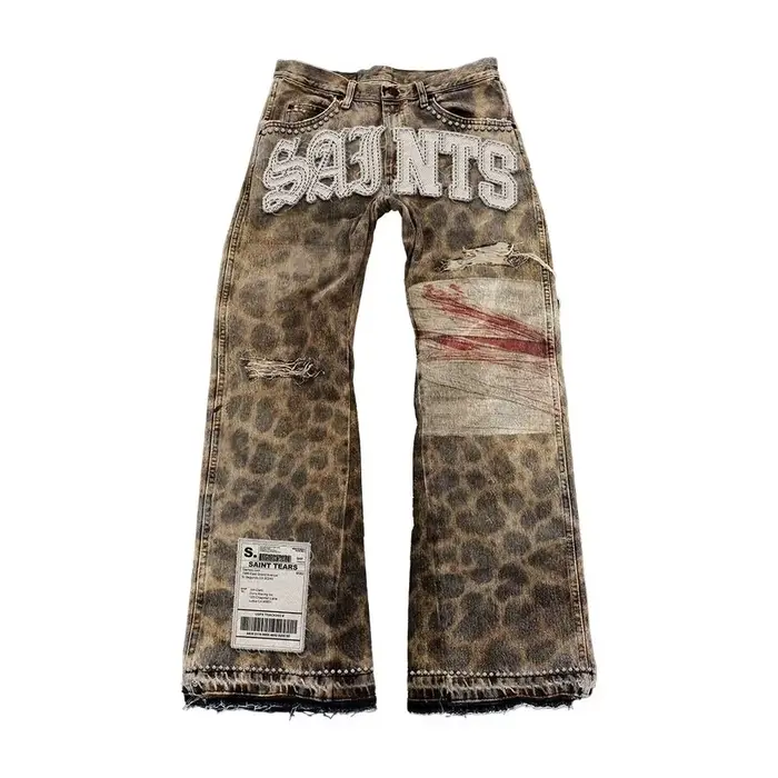 Streetwear Vintage Léopard Camouflage Jeans Y2K Hommes Femmes Hip Hop Lettre Patchwork Broderie Baggy