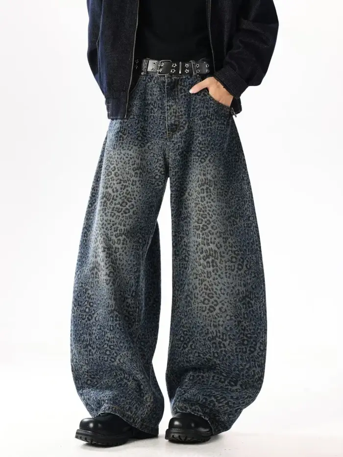 2025 Ropa Y2K mode bleu léopard Baggy nouveaux pantalons en jean pour hommes vêtements jambe large Streetwear luxe Denim pantalon Moda Hombre