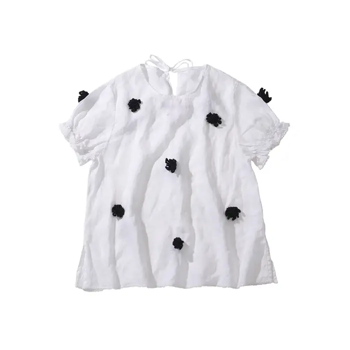 Chemise décontractée en lin blanc pour femmes, imakokoni, pull ample à fleurs au crochet, original, 