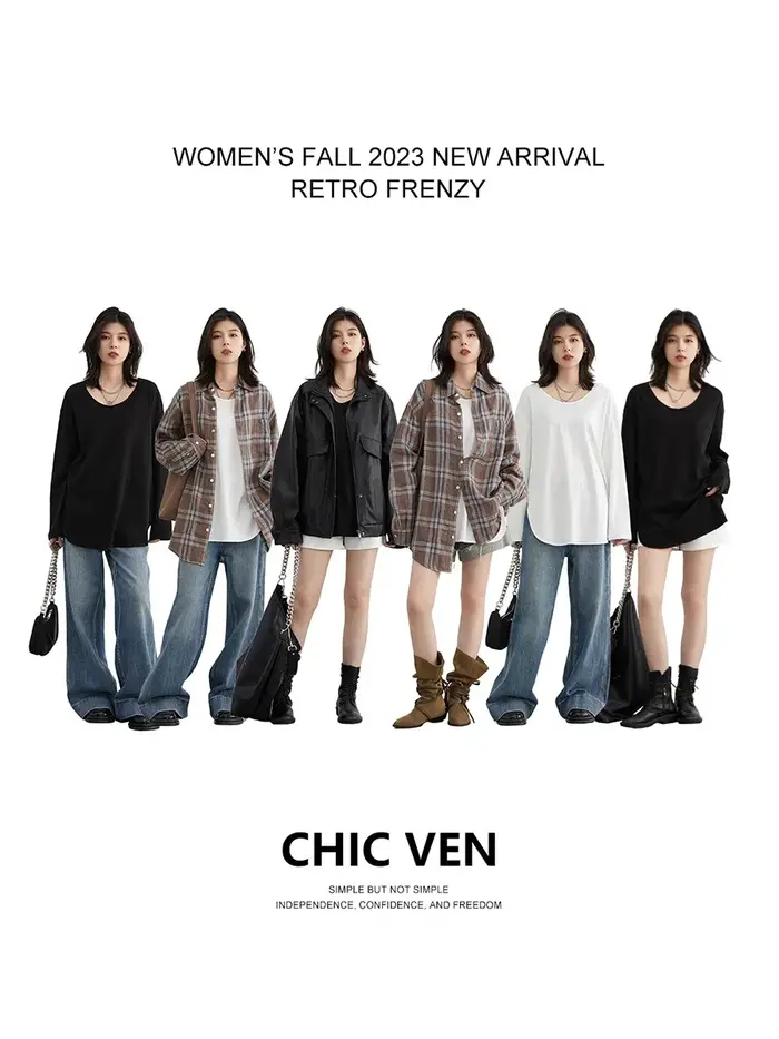 T-shirts amples décontractés à col en U et manches longues pour femmes CHIC VEN – Hauts fendus