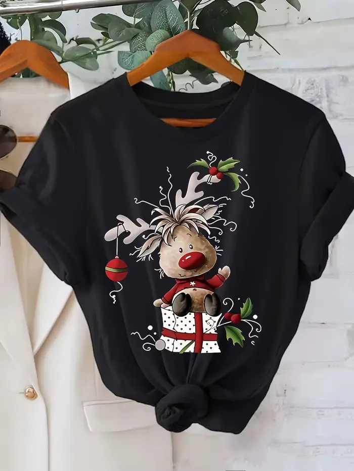 100% coton T-Shirt femmes noël graphique imprimé T-Shirt à manches courtes col rond haut décontracté