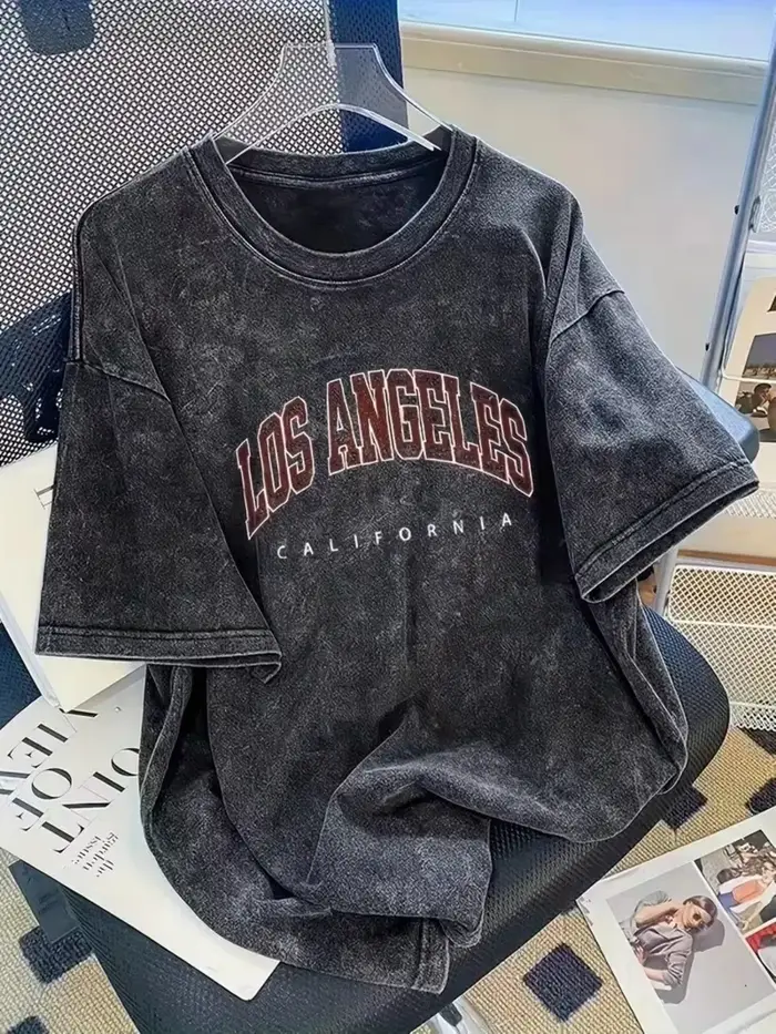 T-shirt unisexe oversize en coton à col rond, motif arche de Los Angeles, style vintage délavé, stre