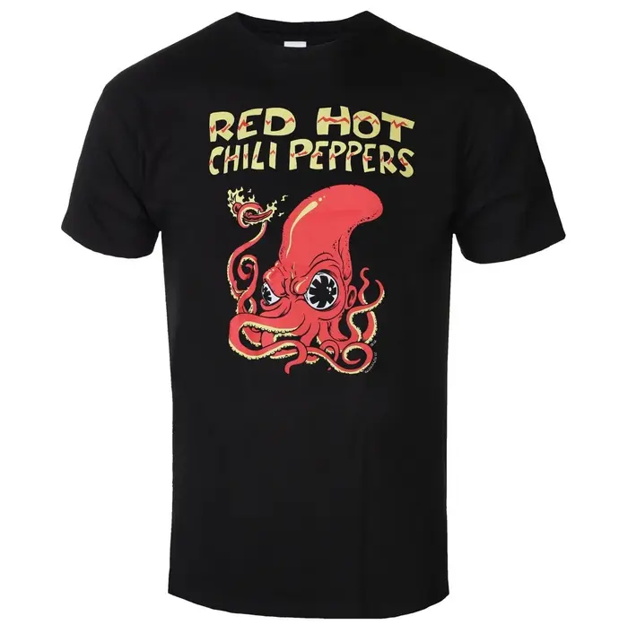 T-shirt graphique du groupe Red Hot Chili Peppers avec lettres rouges circulaires vieillies et étoile à huit branches blanche rayée