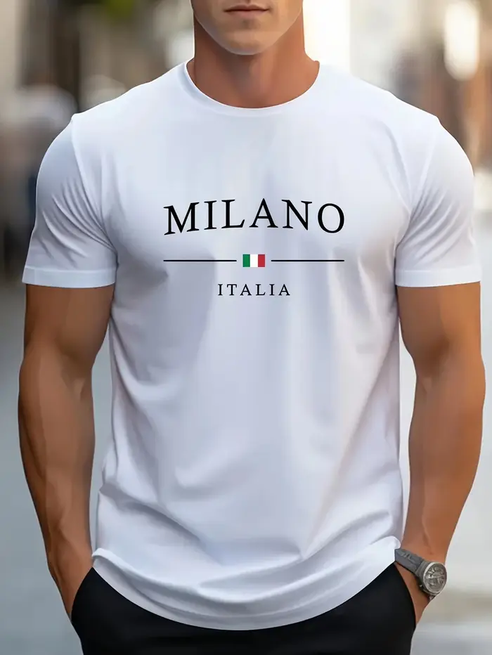 T-shirt d'été pour homme 100% coton, imprimé avec le mot MILANO, ample, décontracté, confortable, co