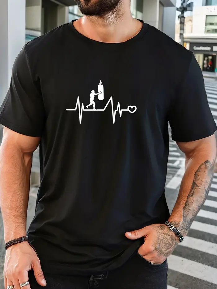 T-shirt court décontracté à col rond et motif de sport de boxe pour hommes