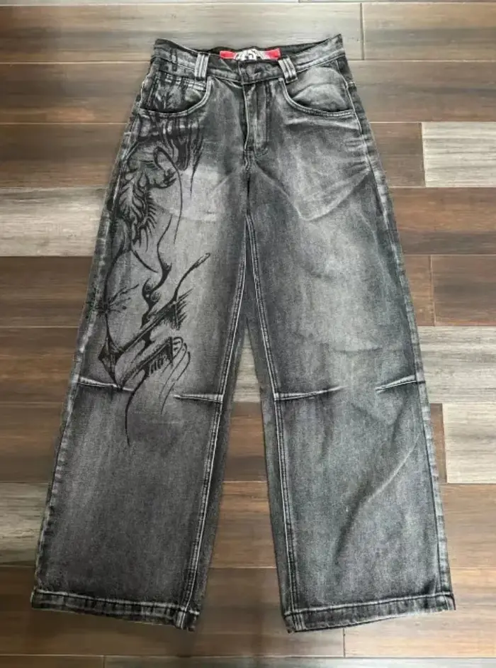 Jean pour hommes Y2K Vintage Streetwear Noir Gris Pantalon en jean à jambes larges Imprimé abstrait 