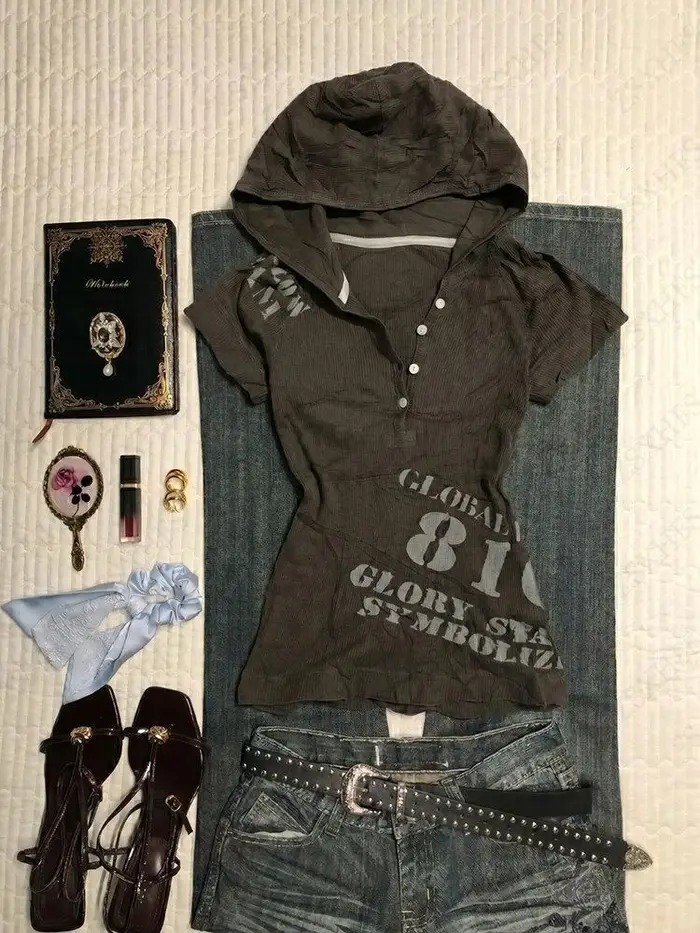 T-shirts à capuche gothiques Y2K avec motif lettres, marron, manches courtes, style punk, grunge, st