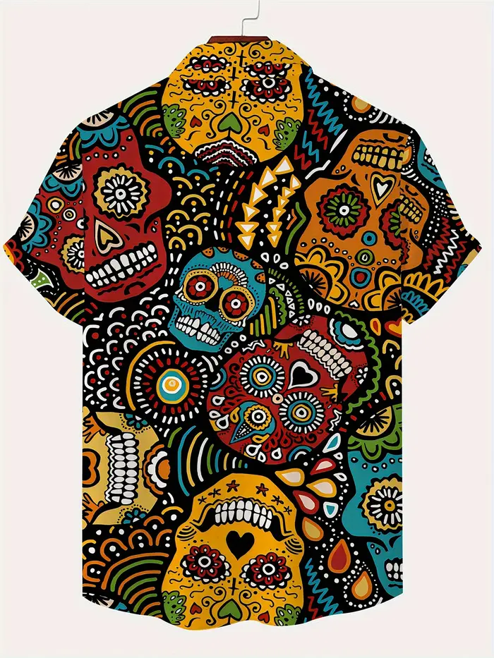 Crâne coloré 3D imprimé chemise rue Hip Hop mode personnalité hommes décontracté hauts été ample à manches courtes