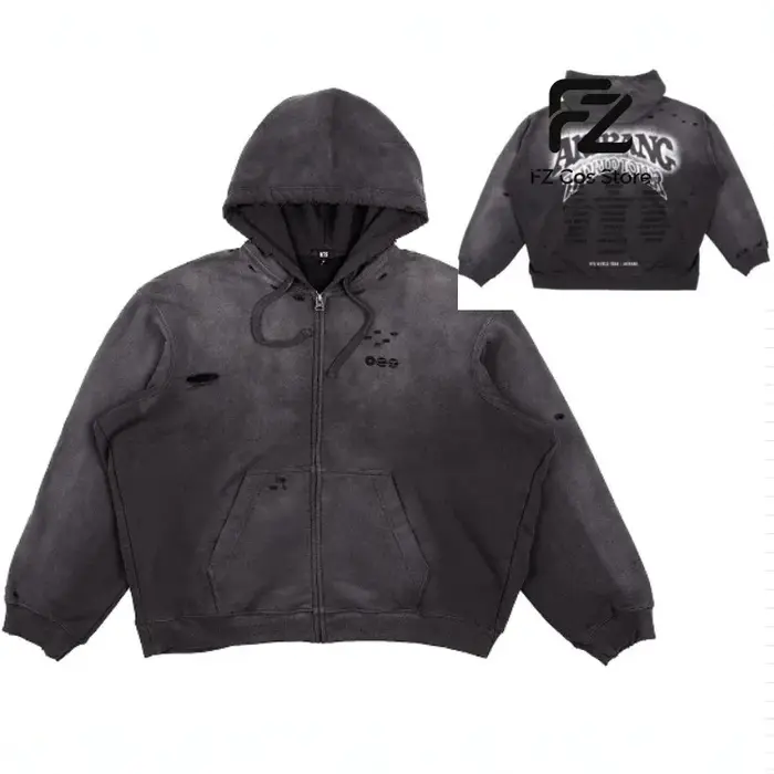 ARIRANG Sweat à capuche zippé brodé, Cardigan ouvert noir délavé vintage, Veste streetwear décontrac