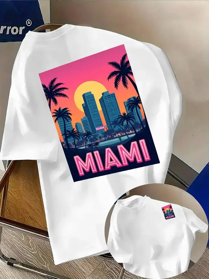 T-shirt pour homme avec imprimé Miami Sunset, 100% coton doux, style streetwear, manches courtes déc