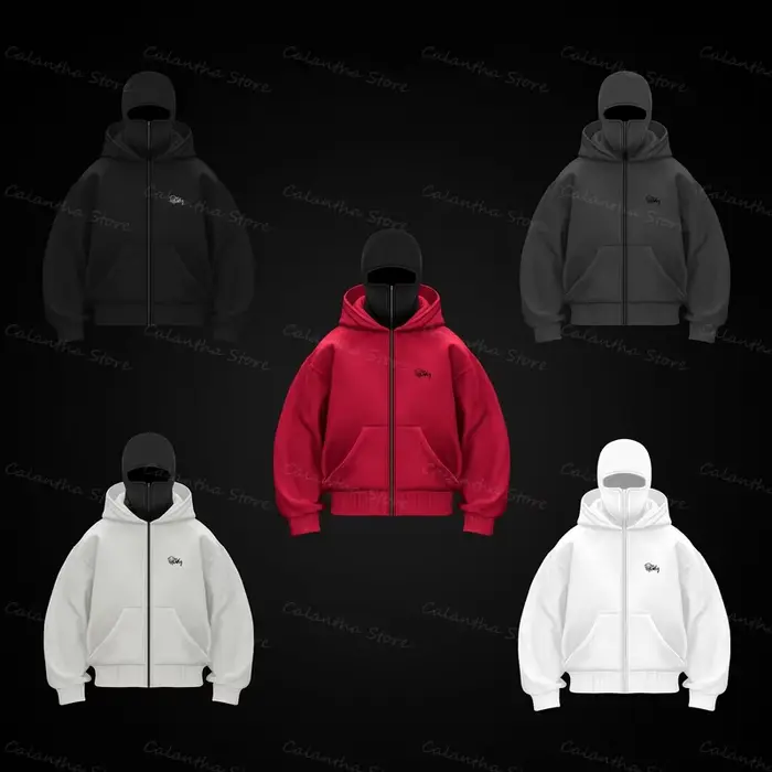 Nouveaux hommes cagoule sweat à capuche zippé hiver chaud sweat-shirt décontracté avec masque facial
