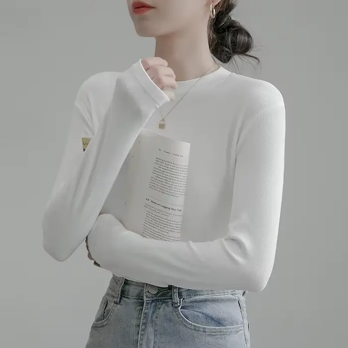 T-shirt à manches longues en coton blanc pour femme, vêtement de couleur pure, sans doublure