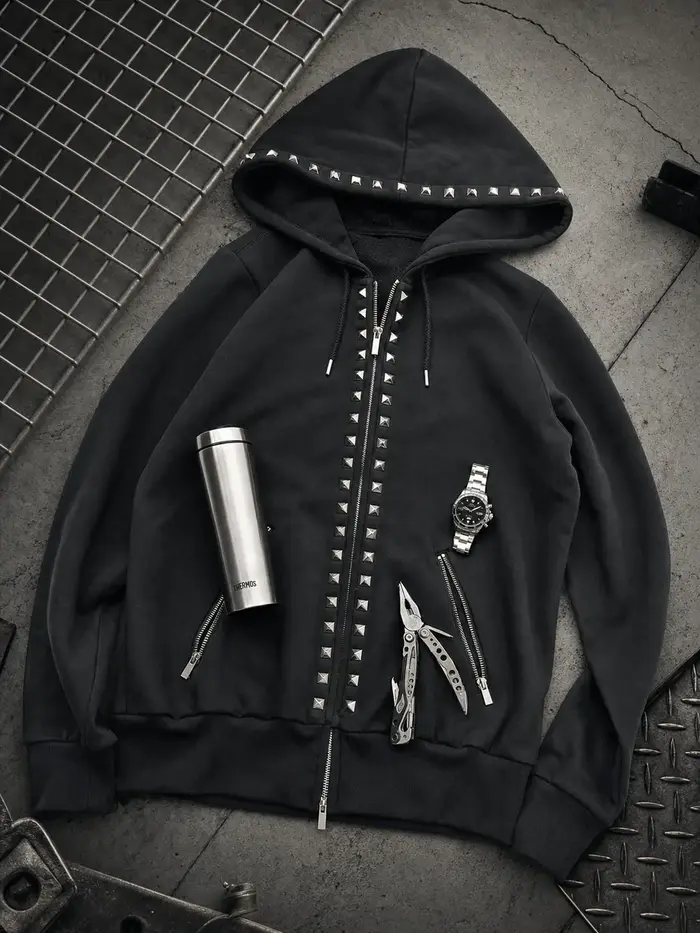 Sweat à capuche zippé noir clouté pour femme