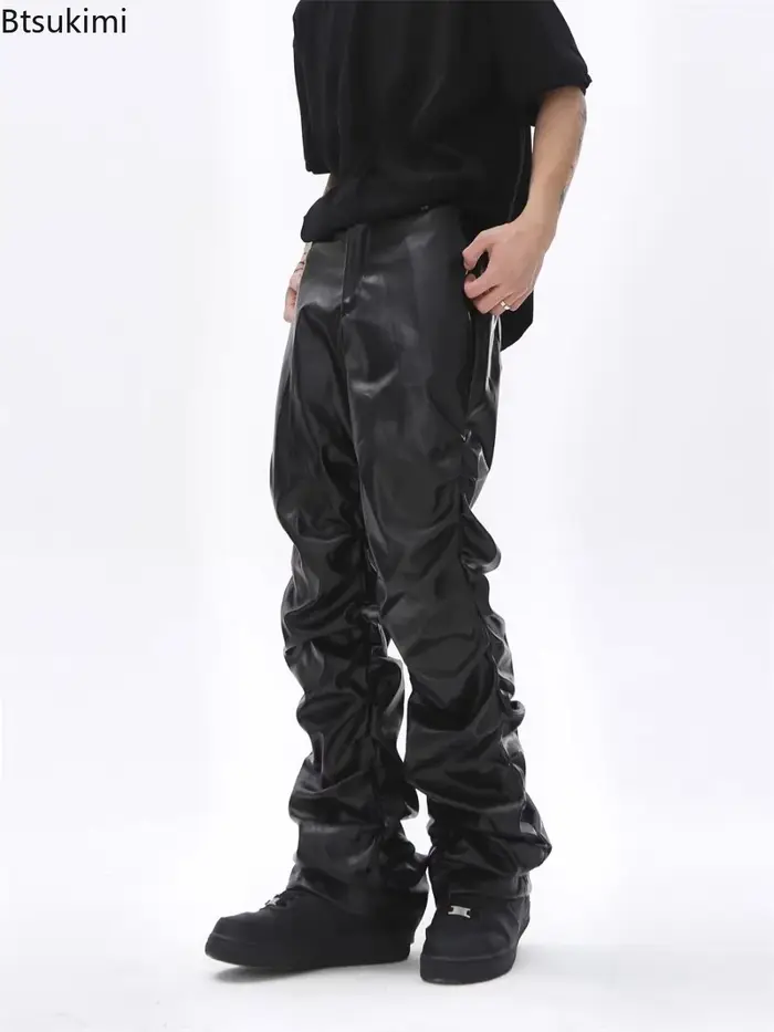Pantalon en cuir PU plissé noir vintage décontracté pour homme