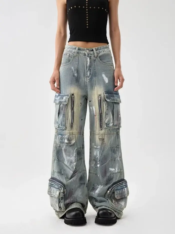 Trashy Y2K 2000S en détresse bleu peinture Splash Baggy Cargo jean pantalon pour femmes 90S Vintage 