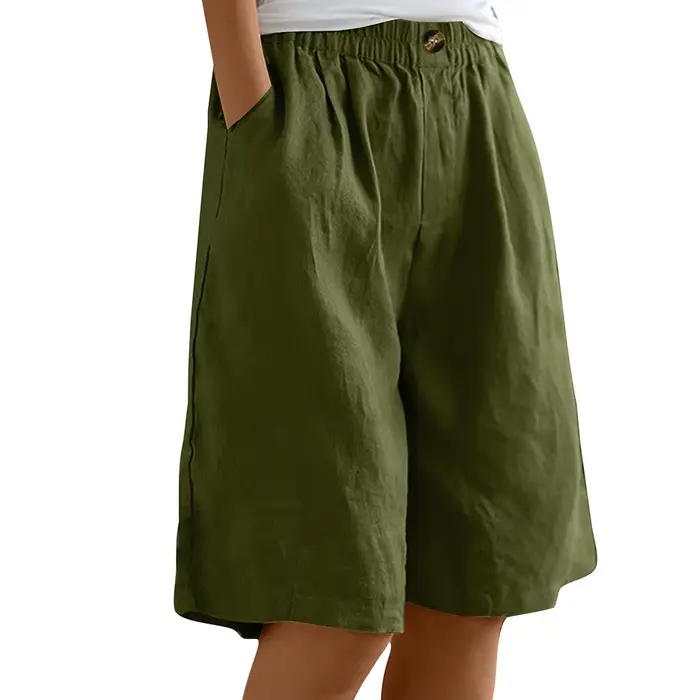 Bermuda grande taille en coton et lin pour femme, pantalon court avec poches, surdimensionné, taille