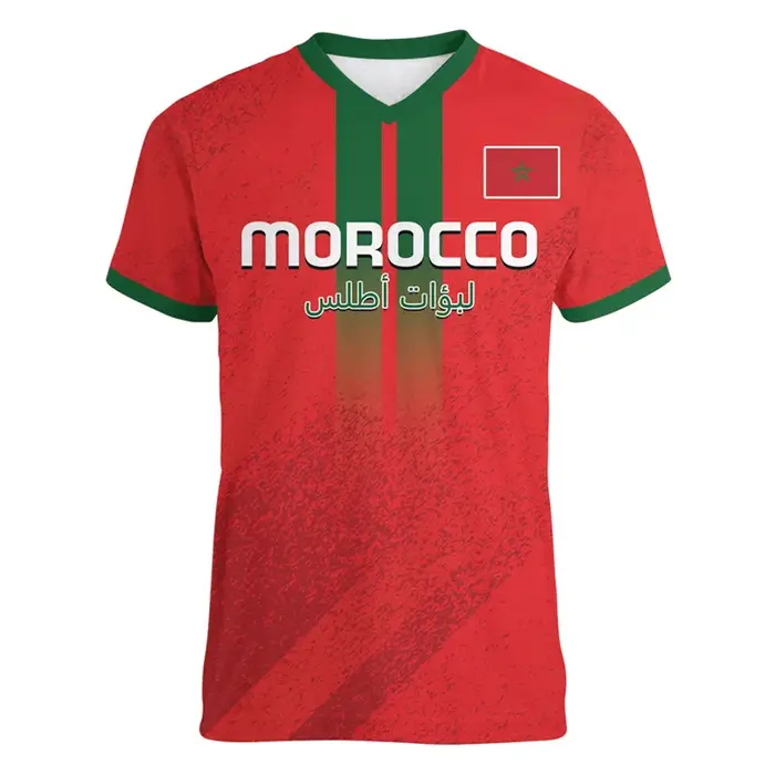 Maroc Football t-shirt pour hommes Cool 3d imprimé marocain sport col en V t-shirts hauts à manches 