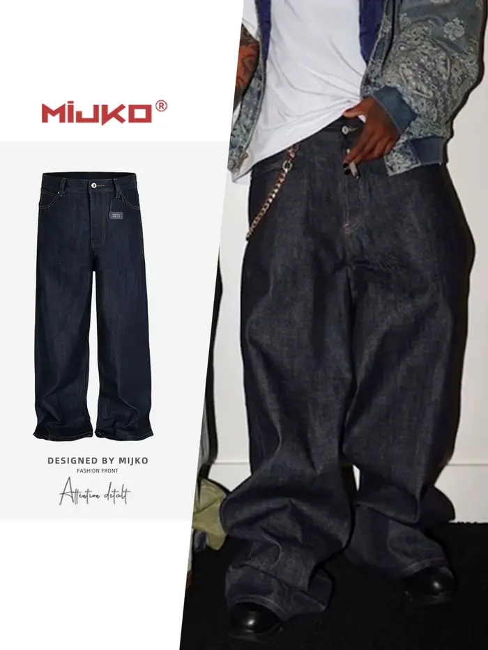 MIJKO noir bleu hommes Baggy jean droit couleur unie Cleanfit ample décontracté Denim pantalon unise