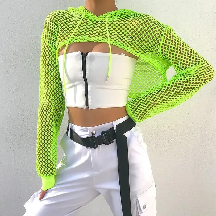 T-shirt en résille à manches longues pour femmes, style de rue, transparent, évider, à capuche, haut court, chemise adt décontractée, smock d'automne