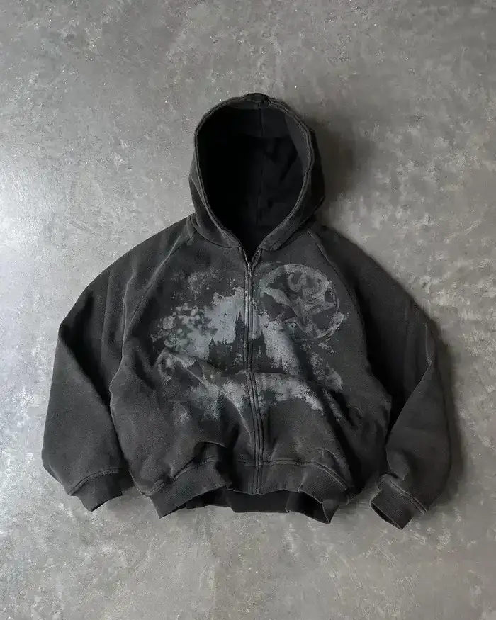 Sweat-shirt à capuche zippé pour homme, noir, en coton, imprimé abstrait, style gothique streetwear,