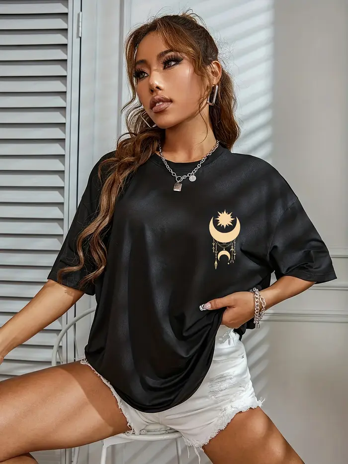 T-shirt décontracté noir à imprimé étoiles pour femmes