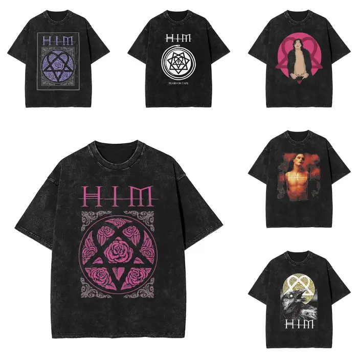 Heartagram Him Band rose lavé t-shirt homme classique T-Shirts décontractés été respirant Hip Hop