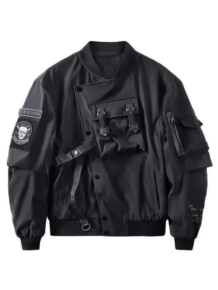 God of Death Bomber Jacket Poitrine Poche Techwear Hommes Punk Hip Hop Tactique Streetwear Noir Vars