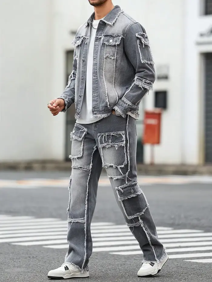 Ensemble en denim gris délavé à ourlet brut, style streetwear pour homme, un ensemble minimaliste et